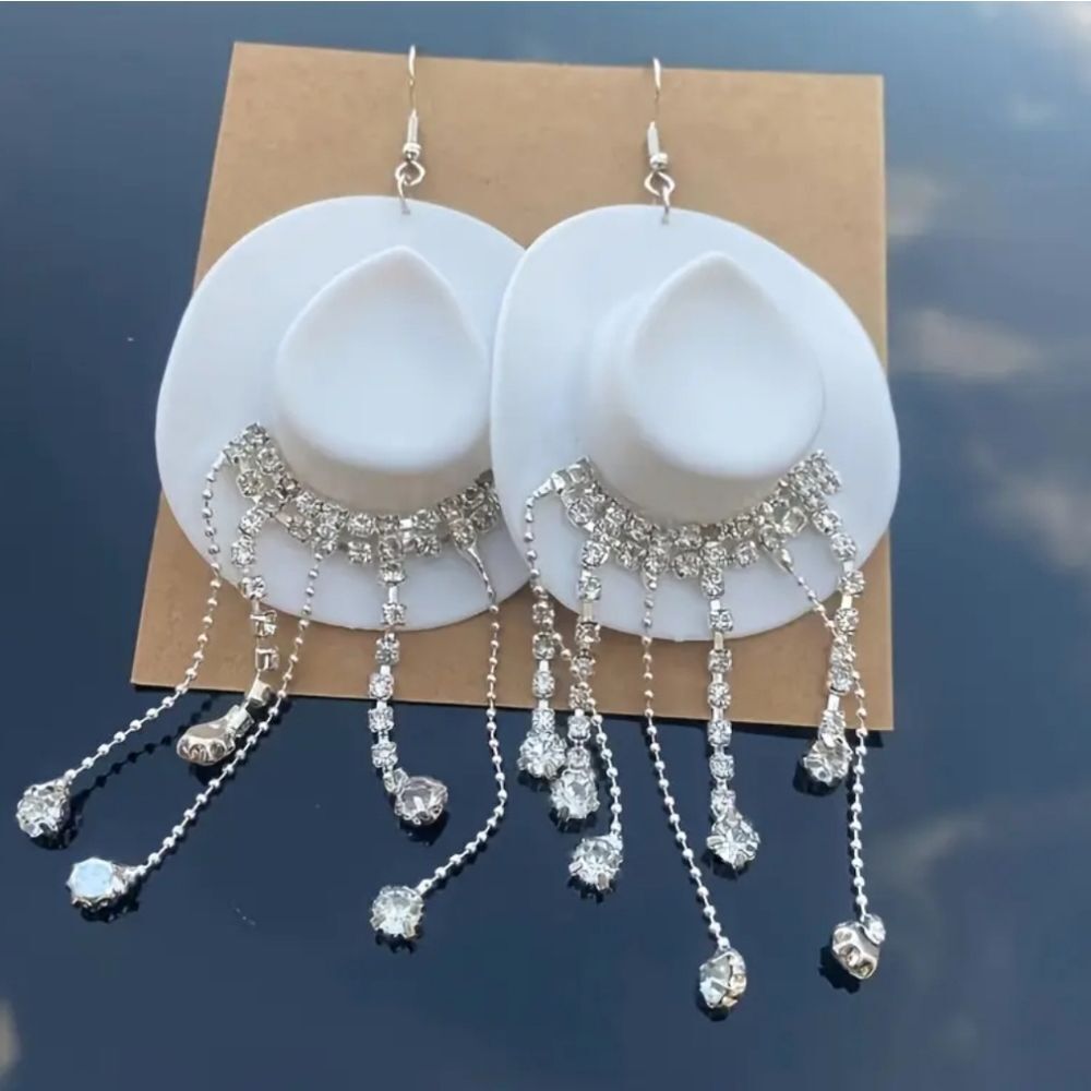 Hand Crafted Elegant White Crystal Western Cowboy Dangle Earrings For Adults - Picture 2 of 5